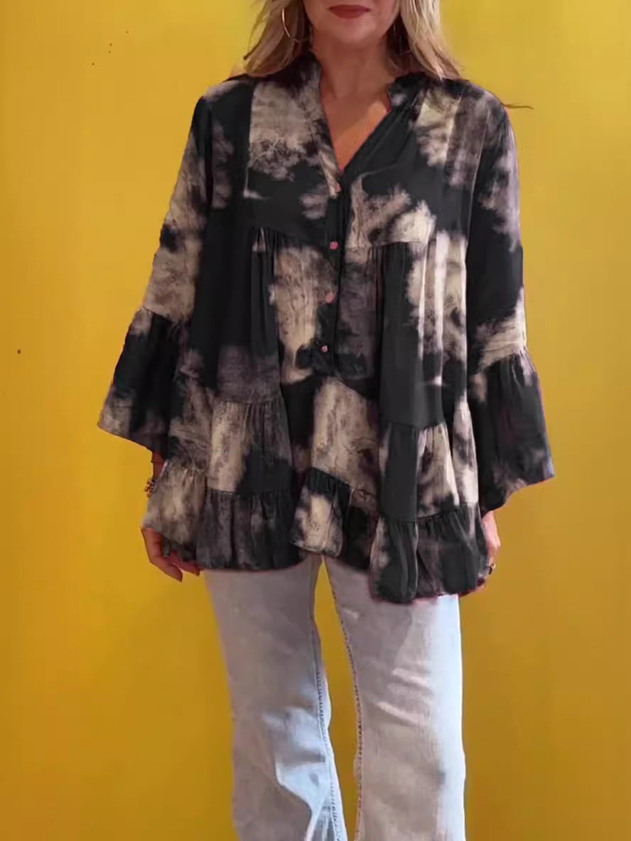 Summer Women Casual Irregular Printed Long-Sleeved Ruffled Blouse