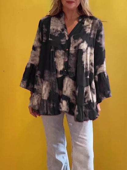 Summer Women Casual Irregular Printed Long-Sleeved Ruffled Blouse