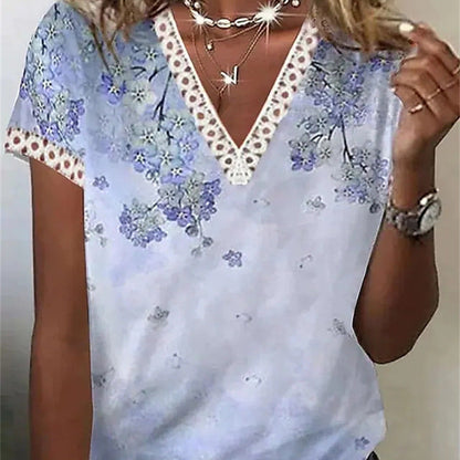 Women Casual Summer V-Neck Lace Feather Floral Printed Short-Sleeved Blouse