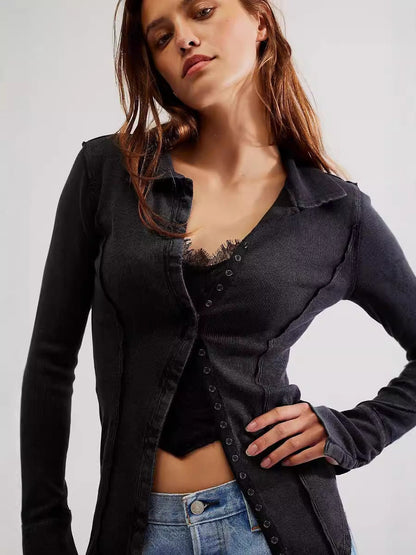 Women Fashion Casual Solid Color Long Sleeve Slim-Fit Lapel Single Breasted Blouse