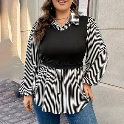 Women Fashion Casual Plus Size Contrast Stripe Splicing Lapel Long-Sleeve Button Blouse