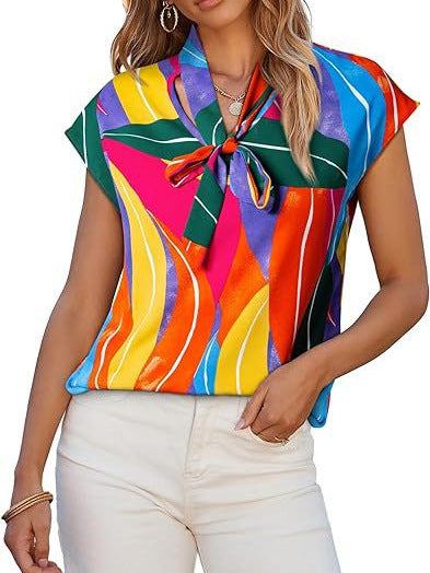 Women Summer Graphic Print Casual Ribbon Bow V-Neck Short Sleeve Blouse
