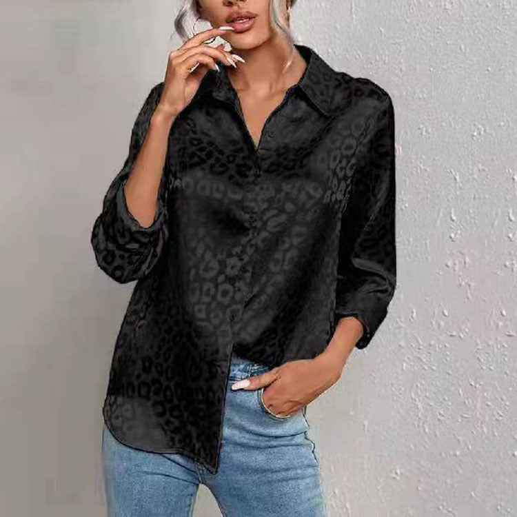 Women Casual Long-Sleeved Lapel Elegant Satin Jacquard Leopard Blouse