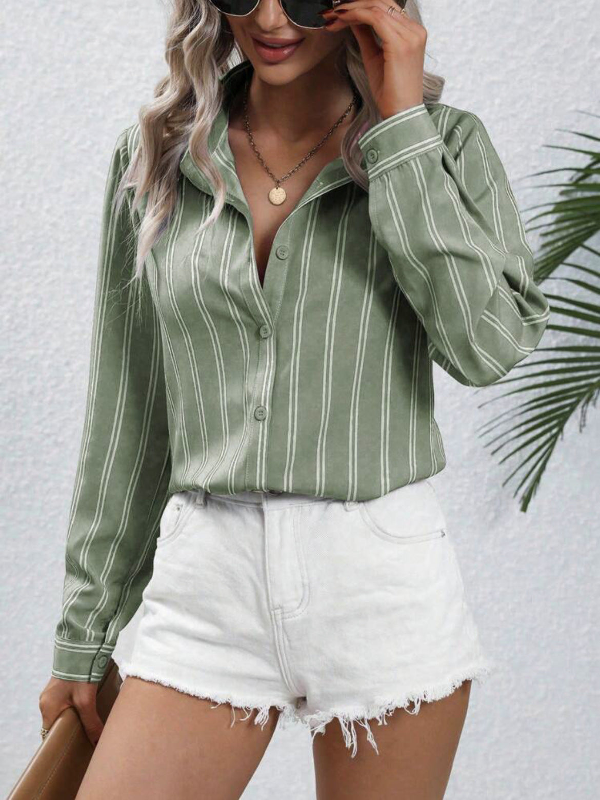Women Fashion Casual Loose Stripe Lapel Long Sleeve Single Breasted Blouse