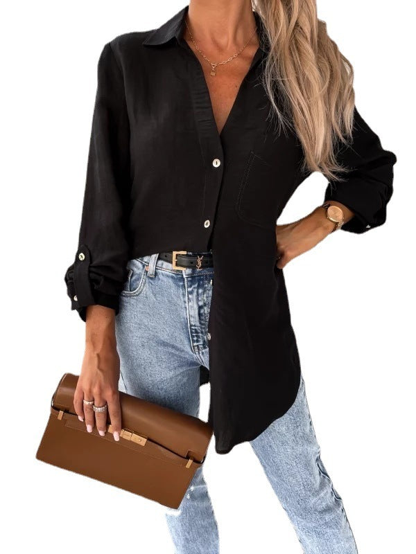 Women Simple Basic Casual Solid Color Sleeve V-Neck Button Lapel Blouse