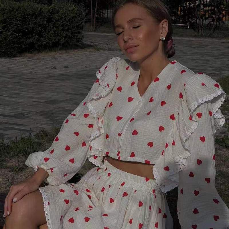 Fashion Casual Sweet Women Strawberry Heart Floral Print Long Sleeve Ruffled Blouse And Skirt Set