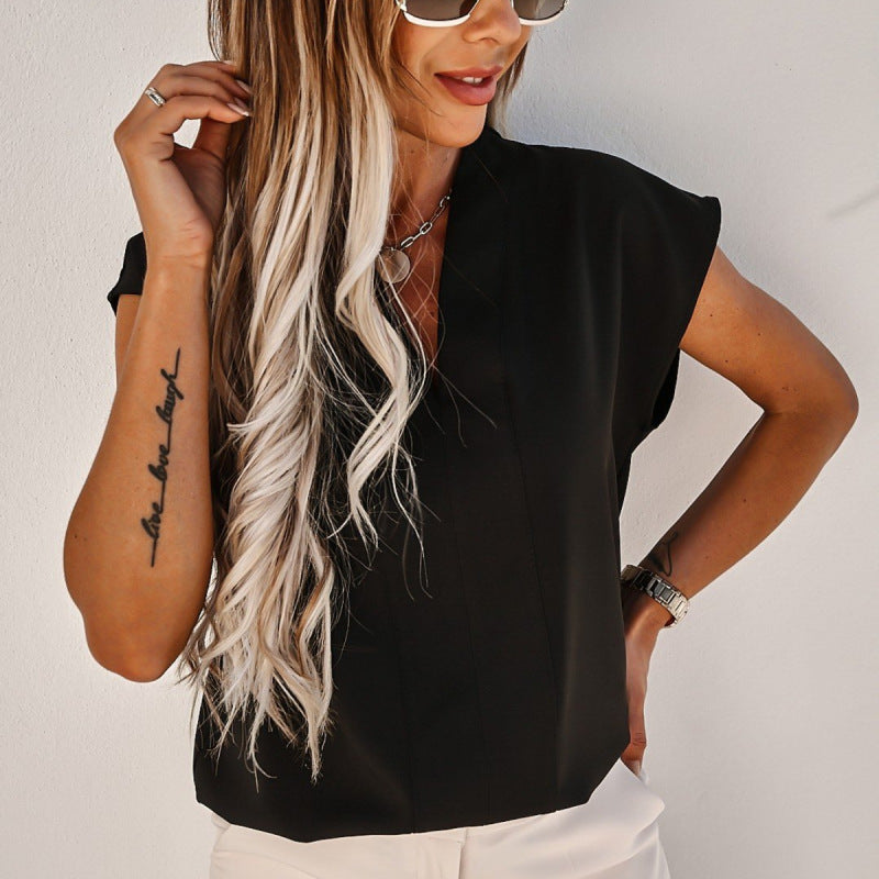 Casual Solid Color V-Neck Cap-Sleeved Women Solid Color Blouse