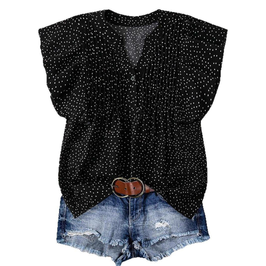 Women Fashion Casual Solid Color Pleated Dot Printed V-Neck Sleeveless Blouse