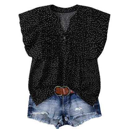 Women Fashion Casual Solid Color Pleated Dot Printed V-Neck Sleeveless Blouse
