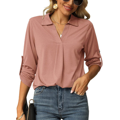 Women Fashion Casual Solid Color V-Neck Long Sleeve Blouse