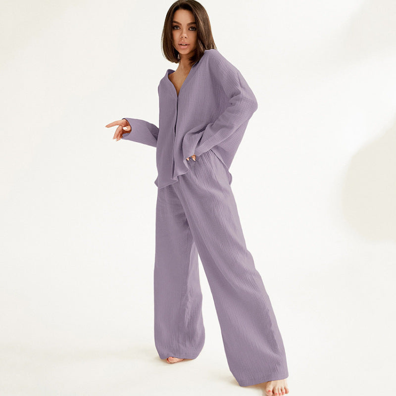 Women Fashion Casual Loose Solid Color Cotton Blouse Top Pants Home Pajamas Two-Piece Set