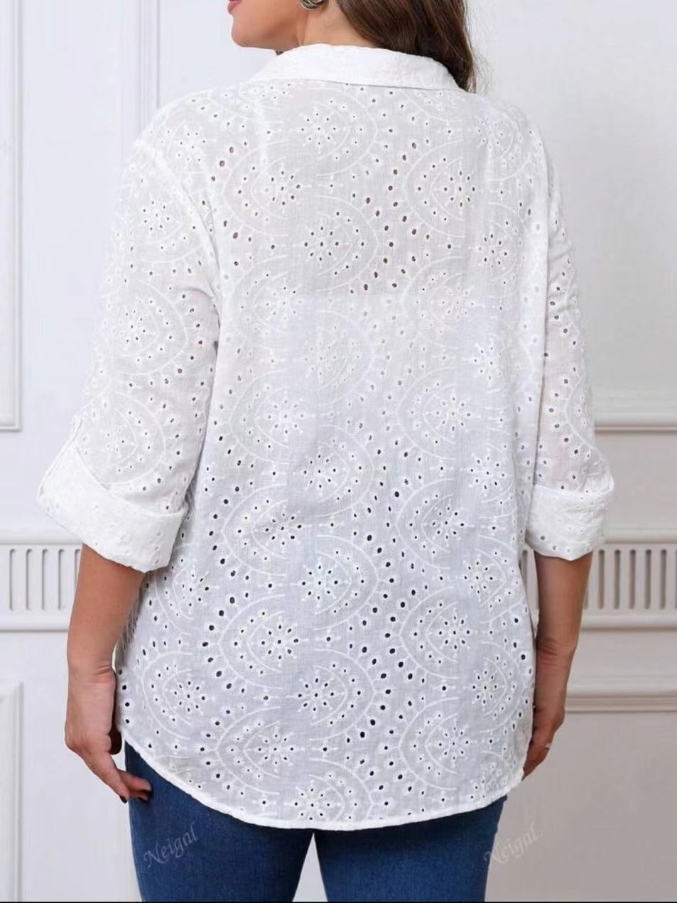 Women Fashion Casual Solid Color Embroidery Hollow Lapel Plus Size Blouse