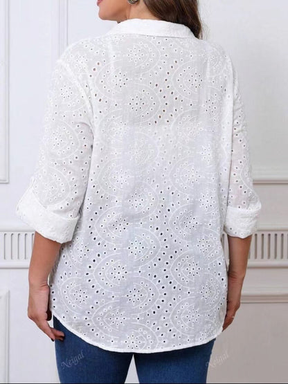 Women Fashion Casual Solid Color Embroidery Hollow Lapel Plus Size Blouse