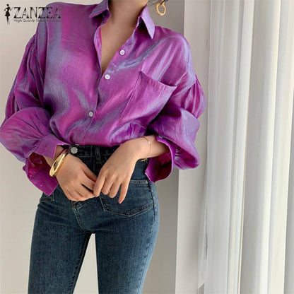 Women Fashion Solid Color Elegant Lapel Casual Long Puff Sleeve Blouse