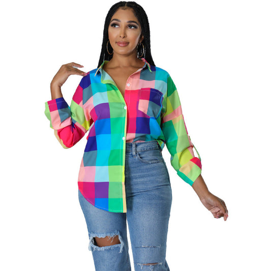 Women Casual Office Summer Lapel Long Sleeve Plaid Printed Blouse