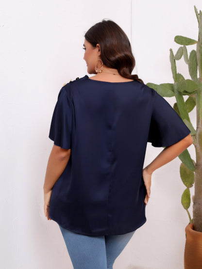 Women Casual Solid Color Satin Plus Size Pleated Ruffle Sleeve Blouse