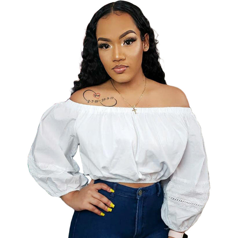 Women Fashion Casual Solid Color Off-Shoulder Long Sleeve Crop Blouse