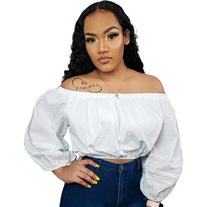 Women Fashion Casual Solid Color Off-Shoulder Long Sleeve Crop Blouse