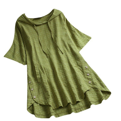 Women Casual Summer Short Sleeves Plus Size Round Neck Loose Hooded Blouse
