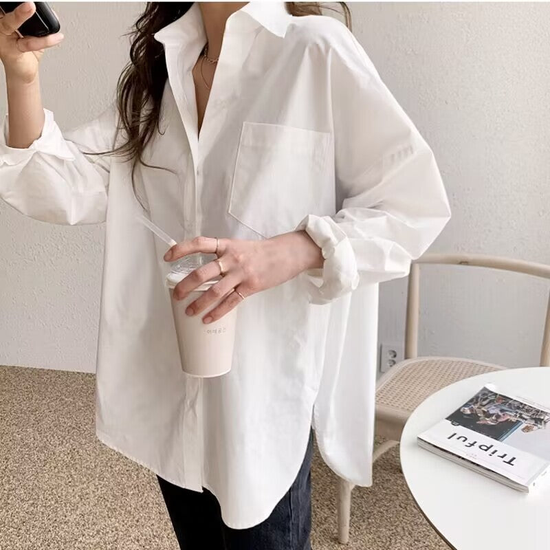 Women Simple Casual Office Long Sleeve Loose Blouses