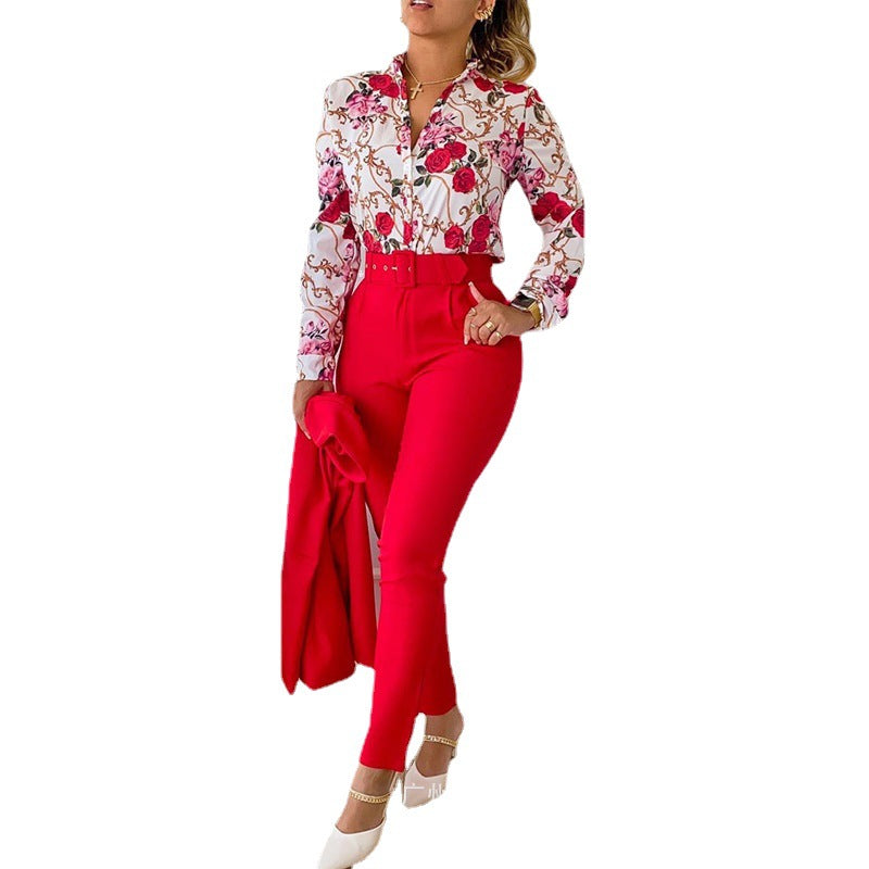Women Fashion Casual Floral Printed Lapel Long-Sleeve Blouse Slim Fit Pants Two-Piece Pants