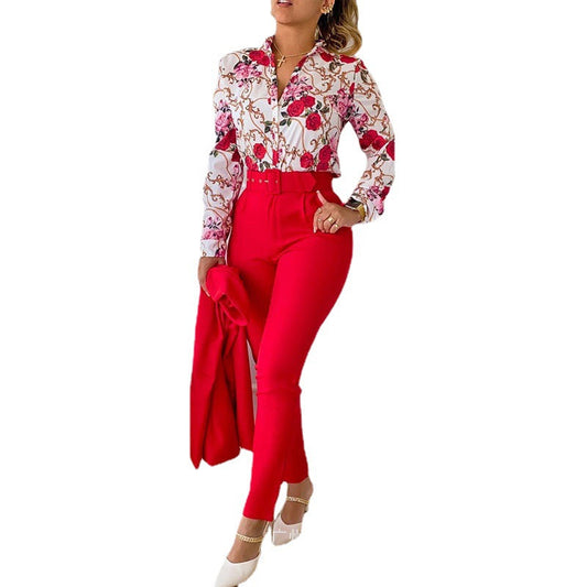 Women Fashion Casual Floral Printed Lapel Long-Sleeve Blouse Slim Fit Pants Two-Piece Pants