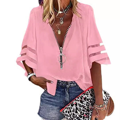 Casual V Neck Women Half Zipper Flare Sleeve Blouse