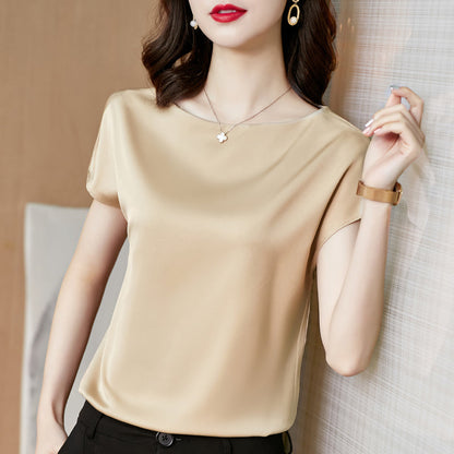 Office Women Basic Elegant Summer Short Sleeves Fashion Solid Color Casual Loose Satin Blouse