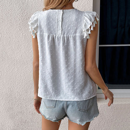 Women Casual Sweet Fashion Short Sleeve Tassel Design Blouse