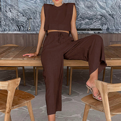 Women Casual Fashion Solid Color Cotton Linen Sleeveless Blouse And Pants Vacation Set
