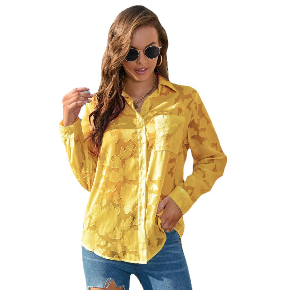 Women Fashion Casual Chiffon Loose Floral Printed Lapel Long-Sleeve Blouse