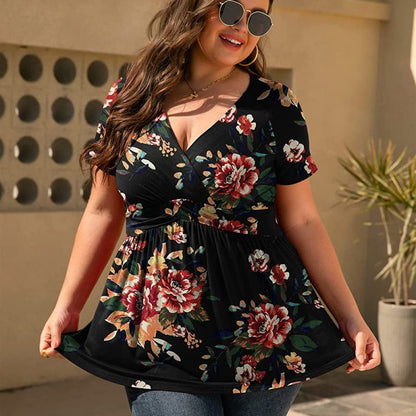 Women Plus Size Floral Print Casual Summer Short Sleeve V Neck Blouse