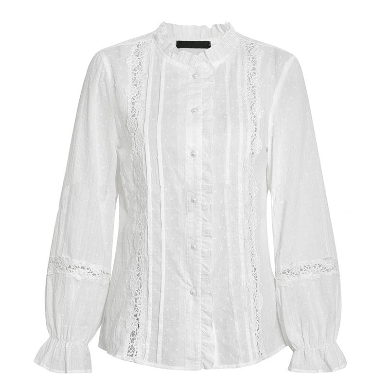 Women Fashion Casual Cotton Horn Sleeve Hollow-Out Stitching Blouse