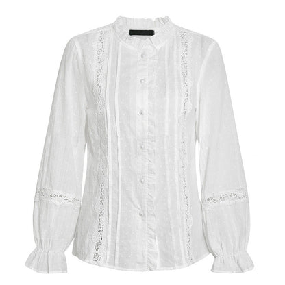Women Fashion Casual Cotton Horn Sleeve Hollow-Out Stitching Blouse