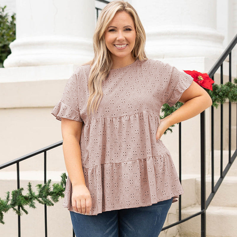 Plus Size Women Casual Solid Color Short-Sleeved T-Shirt Blouse