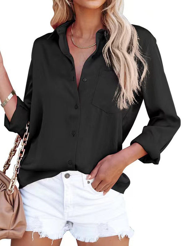Women Fashion Casual Solid Color Lapel Long-Sleeve Blouse