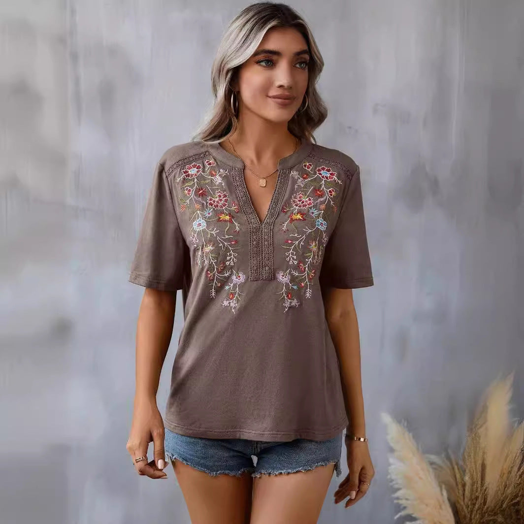 Women Casual Embroidery Lace Stitching Blouses