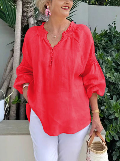 Women Fashion Casual Solid Color Cotton And Linen V-Neck Long Sleeve Blouse