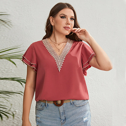 Casual Summer Brownish Red Lace V-Neck Loose Ruffled Short Sleeve Plus Size Women Blouse