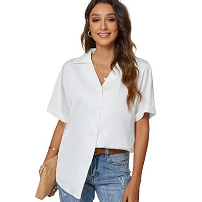 Women Elegant Office Basic Short Sleeve Satin Summer Solid Color Casual Single-breasted Loose Blouse