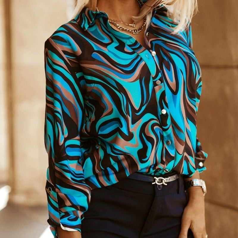 Women Fashion Casual Retro Printed Lapel Single-Breasted Blouse