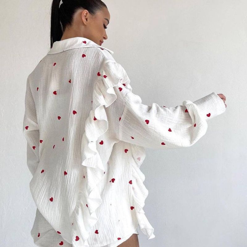 Fashion Casual Sweet Women Heart Floral Print Long Sleeve Ruffled Blouse And Shorts Set