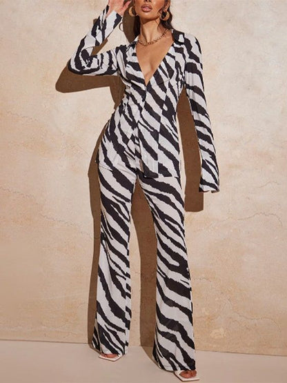 Women Loose Casual Deep V Neck Single Breasted Shirt Blouse And Sexy Printed Wide-Leg Pants Fashion Two-Piece Set