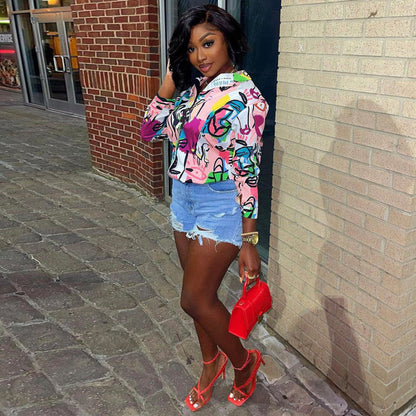 Women Casual Fashion Graffiti Print Long Sleeves Lapel Blouse