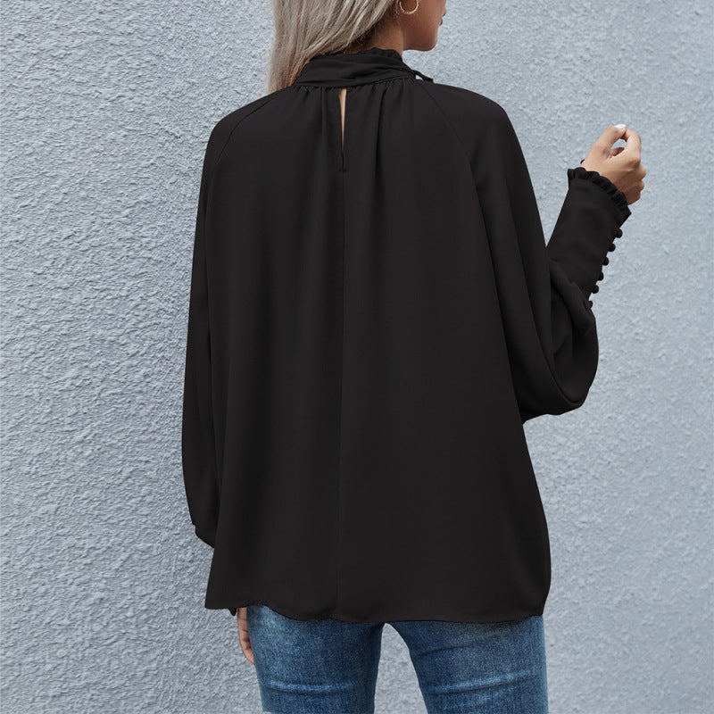 Women Casual Elegant High Neck Bow Tie Bubble Long Sleeve Loose Blouse