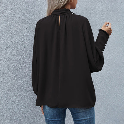 Women Casual Elegant High Neck Bow Tie Bubble Long Sleeve Loose Blouse