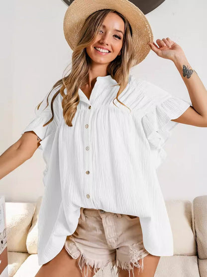 Women Fashion Casual Solid Color Pleated Stand Collar Single Breasted Blouse