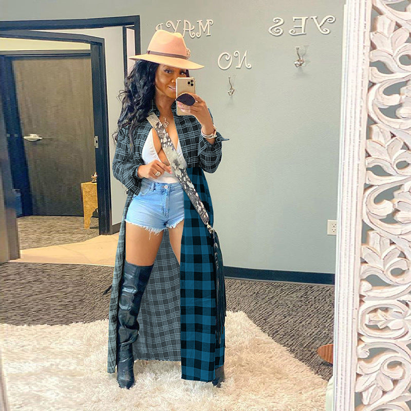 Women Fashion Casual Multicolor Plaid Patchwork Long Blouse Shacket Over Coat