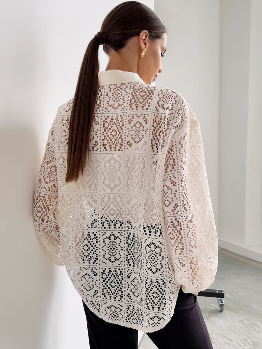 Women Casual Elegant Lace Hollow Lapel Long Sleeve Single Breasted Blouse