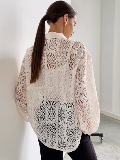 Women Casual Elegant Lace Hollow Lapel Long Sleeve Single Breasted Blouse